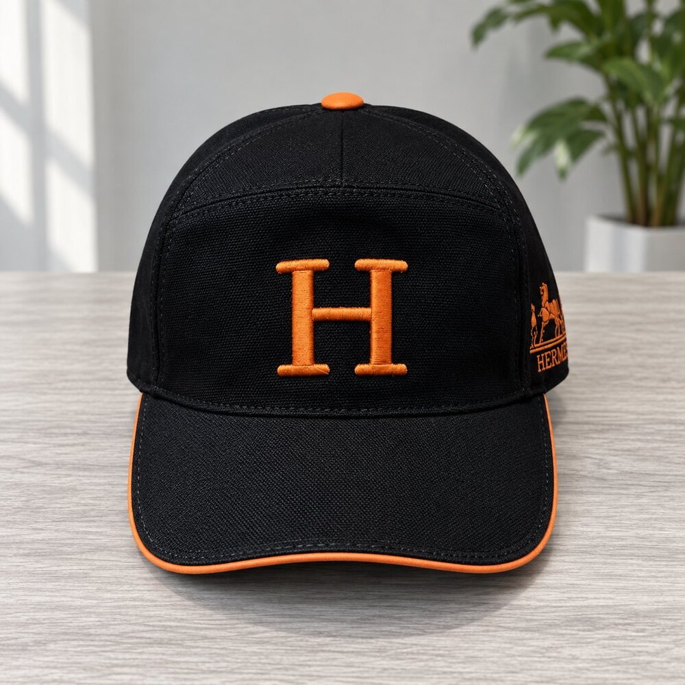 Hermes Black Orange H Logo Cap